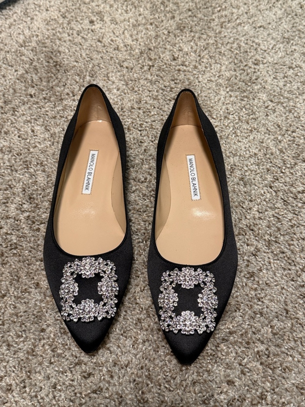 Manolo Blahnik Hangisi Black Satin Pointed Toe Flats with Crystal Buckle